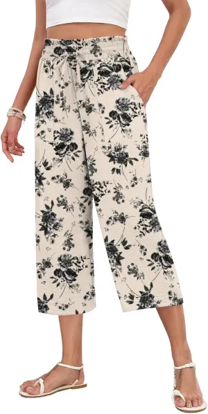 LAOLASI Womens Capri Pants Casual High Waisted Wide Leg Lounge Pants Drawstring Loose Palazzo Pants Trousers with Pockets