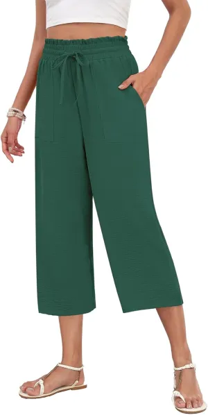 LAOLASI Womens Capri Pants Casual High Waisted Wide Leg Lounge Pants Drawstring Loose Palazzo Pants Trousers with Pockets