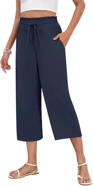 LAOLASI Womens Capri Pants Casual High Waisted Wide Leg Lounge Pants Drawstring Loose Palazzo Pants Trousers with Pockets