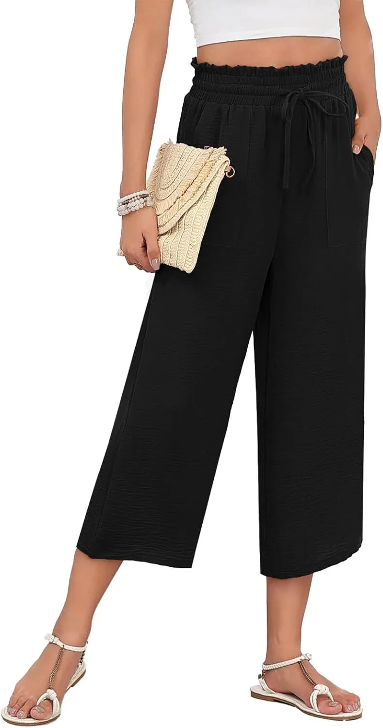 LAOLASI Womens Capri Pants Casual High Waisted Wide Leg Lounge Pants Drawstring Loose Palazzo Pants Trousers with Pockets