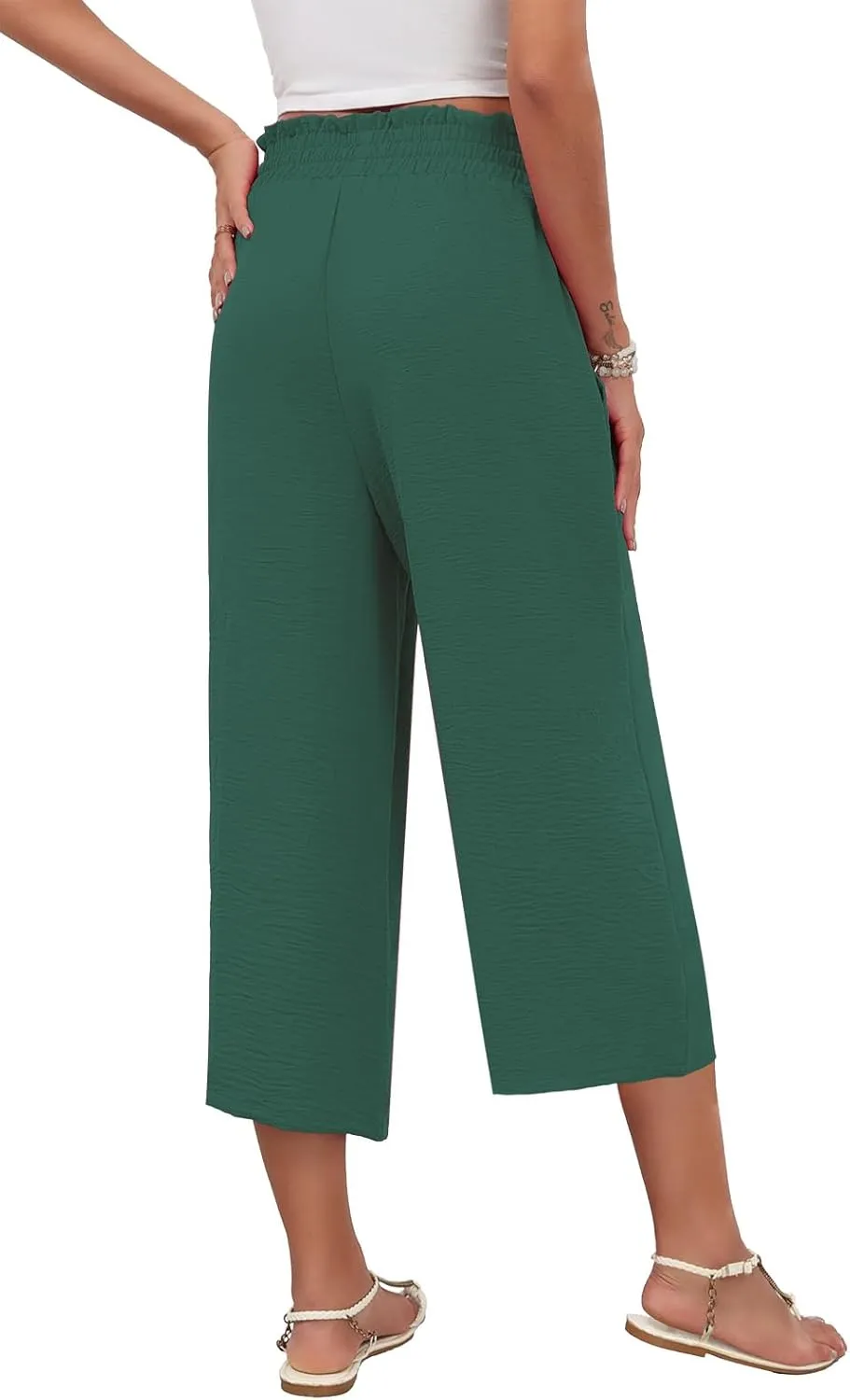 LAOLASI Womens Capri Pants Casual High Waisted Wide Leg Lounge Pants Drawstring Loose Palazzo Pants Trousers with Pockets