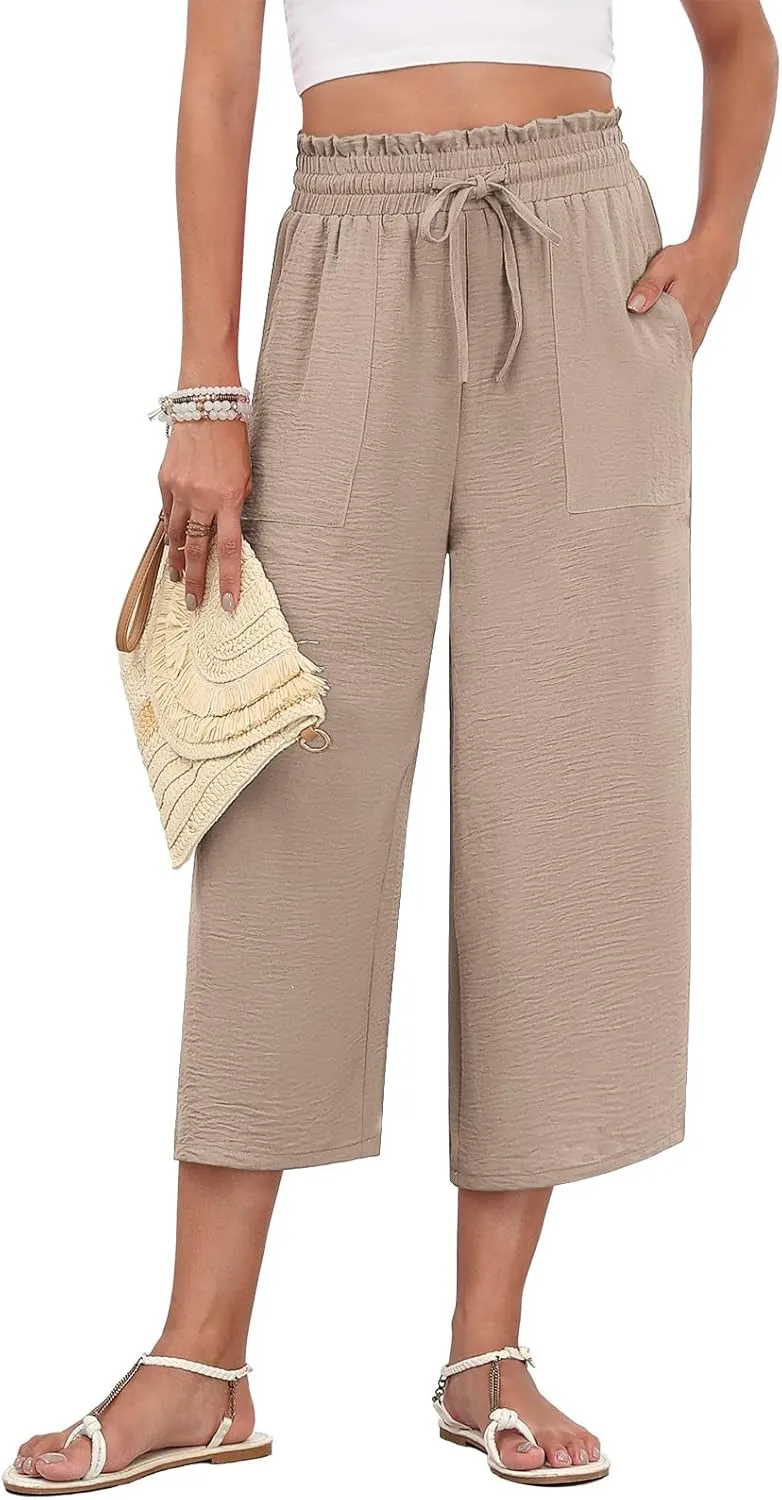 LAOLASI Womens Capri Pants Casual High Waisted Wide Leg Lounge Pants Drawstring Loose Palazzo Pants Trousers with Pockets