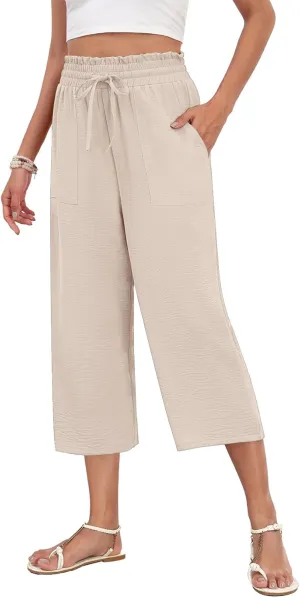 LAOLASI Womens Capri Pants Casual High Waisted Wide Leg Lounge Pants Drawstring Loose Palazzo Pants Trousers with Pockets