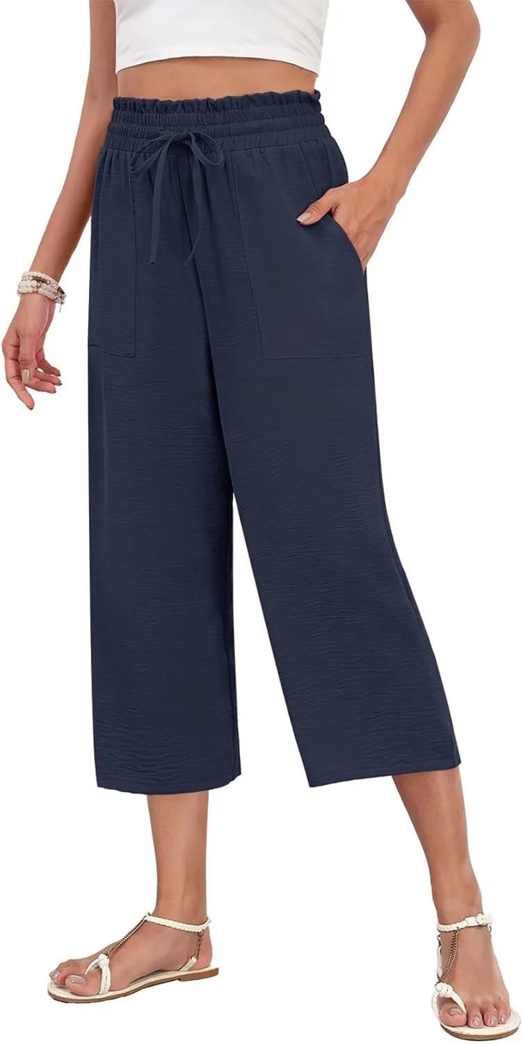 LAOLASI Womens Capri Pants Casual High Waisted Wide Leg Lounge Pants Drawstring Loose Palazzo Pants Trousers with Pockets