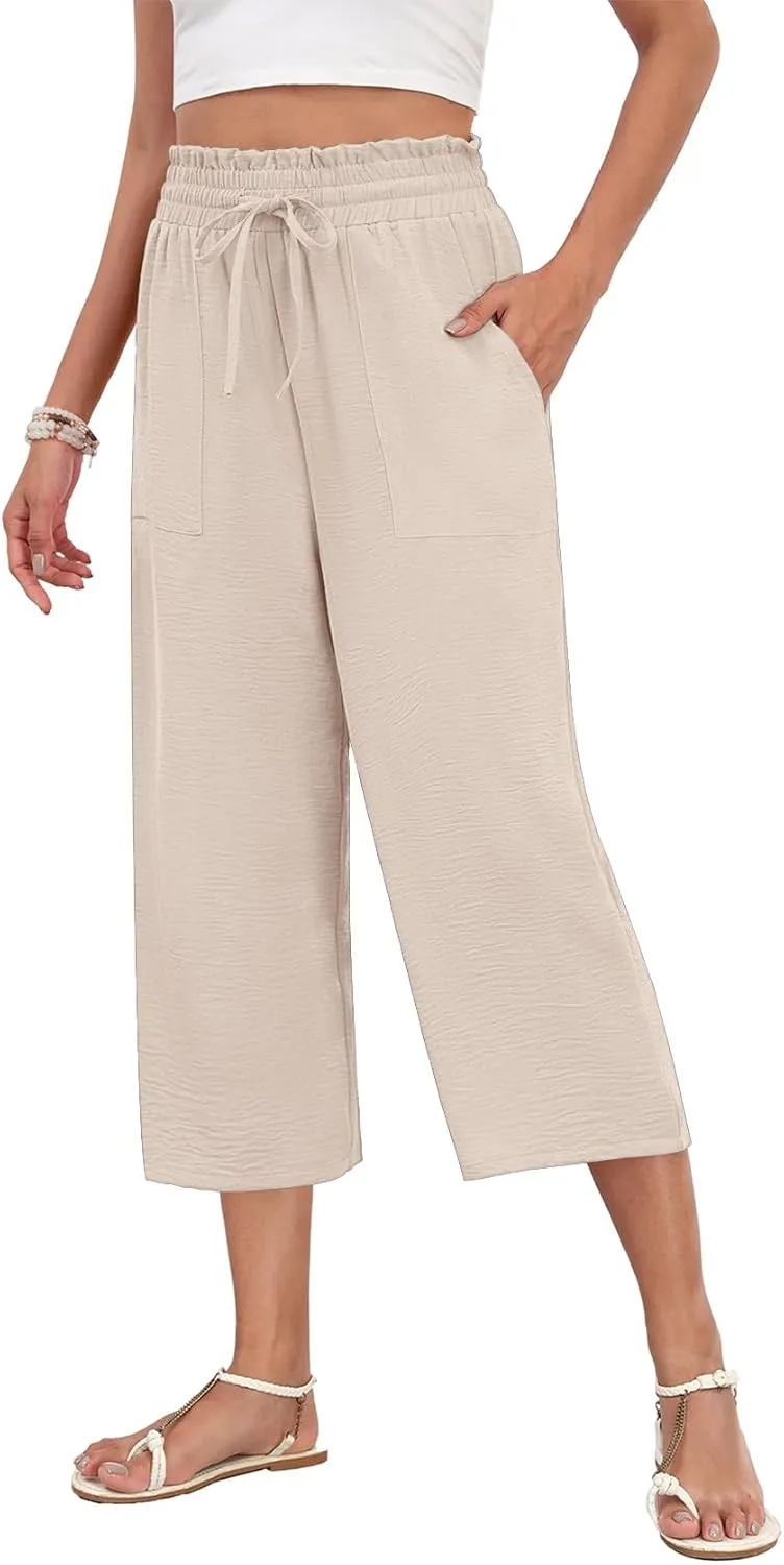 LAOLASI Womens Capri Pants Casual High Waisted Wide Leg Lounge Pants Drawstring Loose Palazzo Pants Trousers with Pockets