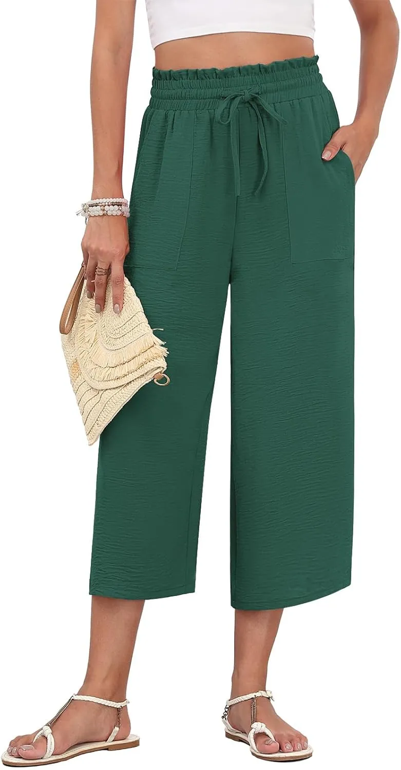 LAOLASI Womens Capri Pants Casual High Waisted Wide Leg Lounge Pants Drawstring Loose Palazzo Pants Trousers with Pockets