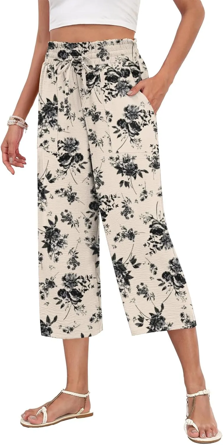 LAOLASI Womens Capri Pants Casual High Waisted Wide Leg Lounge Pants Drawstring Loose Palazzo Pants Trousers with Pockets