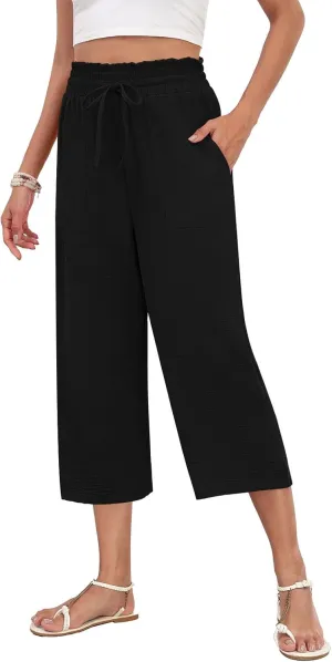 LAOLASI Womens Capri Pants Casual High Waisted Wide Leg Lounge Pants Drawstring Loose Palazzo Pants Trousers with Pockets