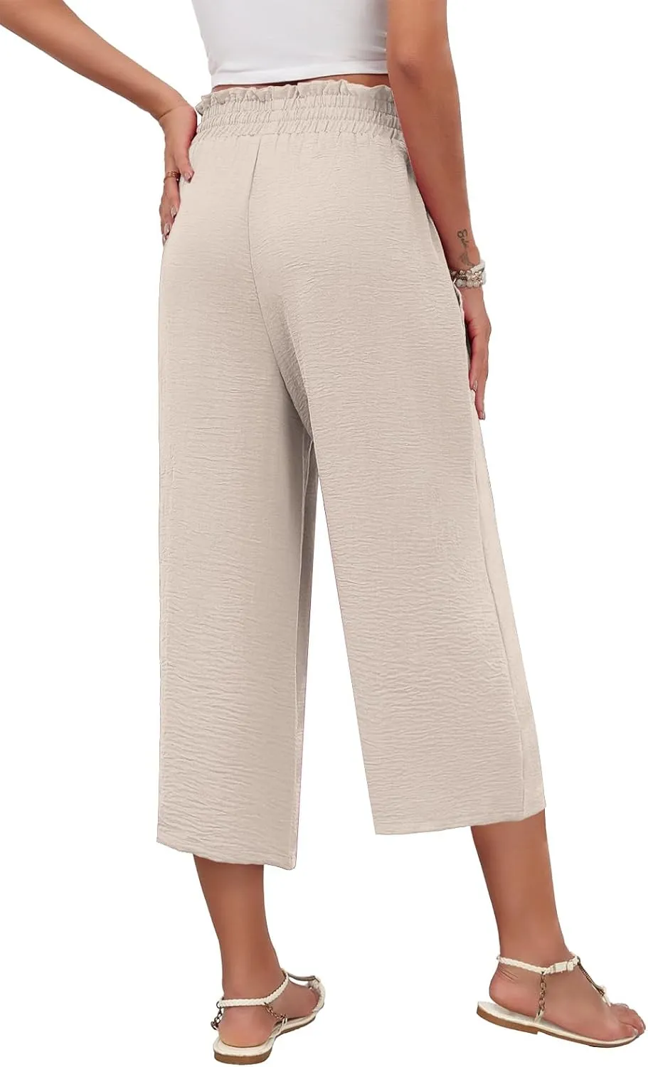 LAOLASI Womens Capri Pants Casual High Waisted Wide Leg Lounge Pants Drawstring Loose Palazzo Pants Trousers with Pockets