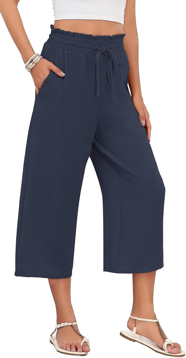 LAOLASI Womens Capri Pants Casual High Waisted Wide Leg Lounge Pants Drawstring Loose Palazzo Pants Trousers with Pockets