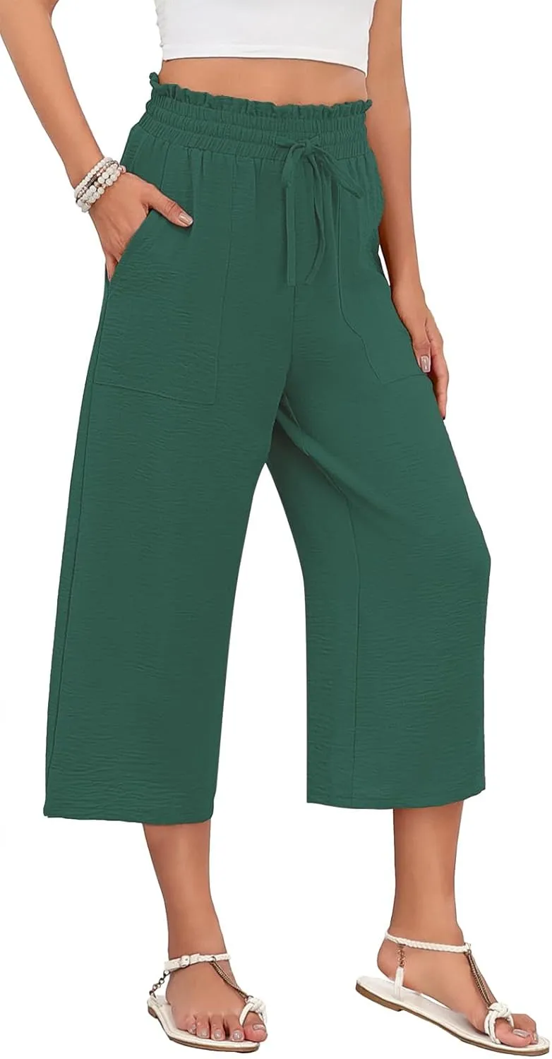 LAOLASI Womens Capri Pants Casual High Waisted Wide Leg Lounge Pants Drawstring Loose Palazzo Pants Trousers with Pockets
