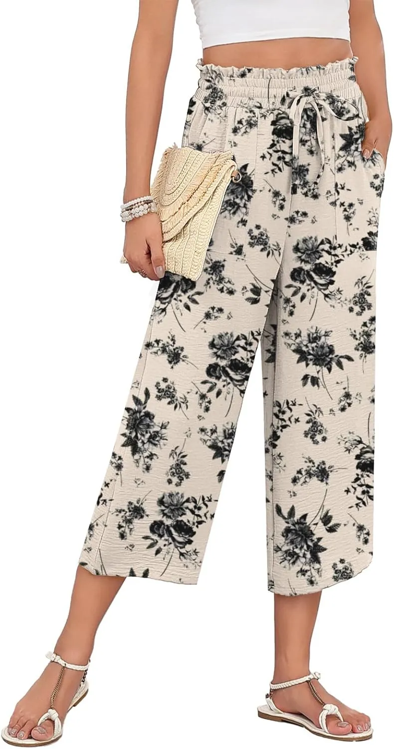 LAOLASI Womens Capri Pants Casual High Waisted Wide Leg Lounge Pants Drawstring Loose Palazzo Pants Trousers with Pockets