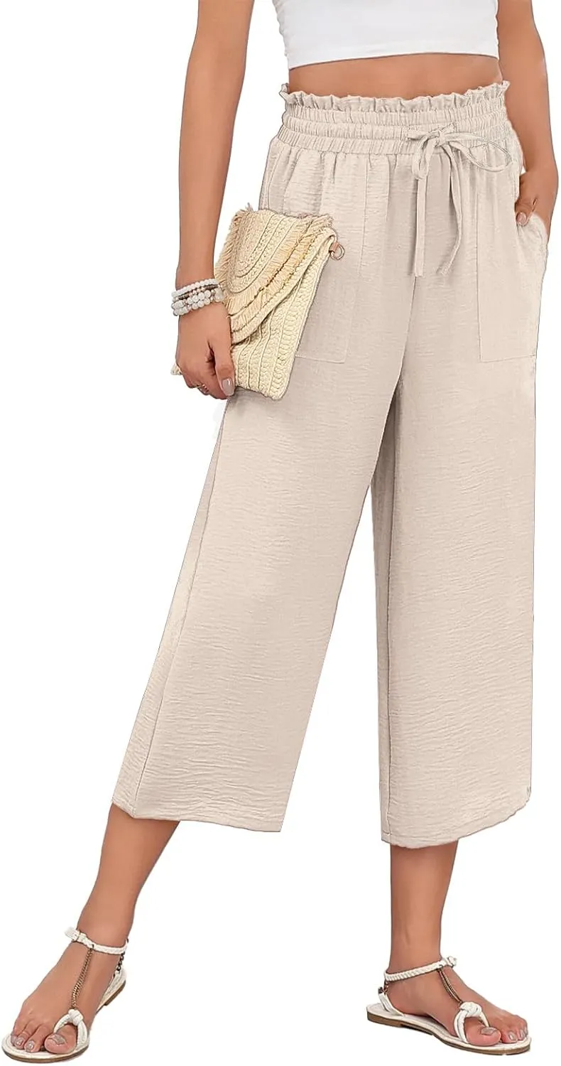 LAOLASI Womens Capri Pants Casual High Waisted Wide Leg Lounge Pants Drawstring Loose Palazzo Pants Trousers with Pockets