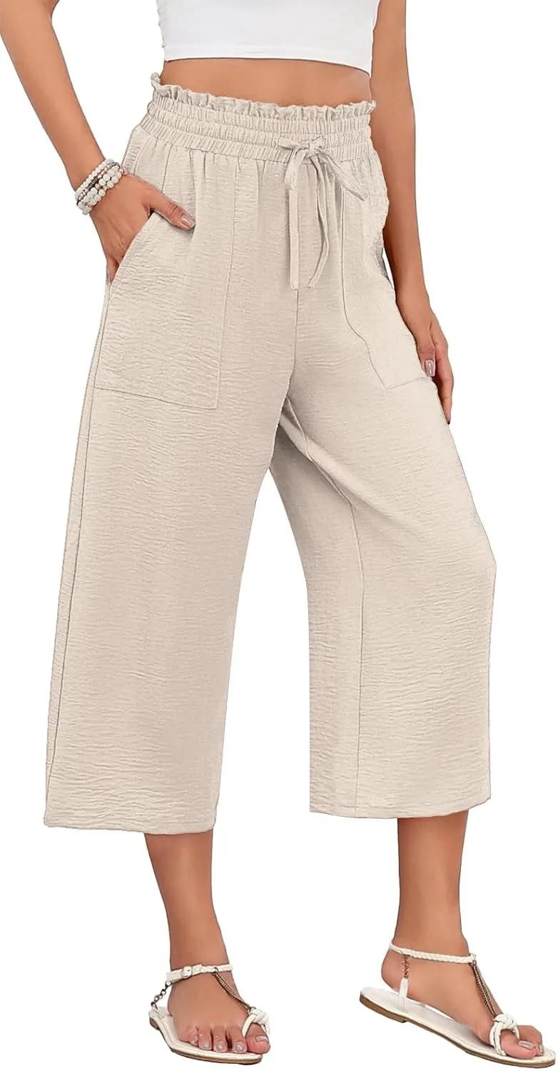 LAOLASI Womens Capri Pants Casual High Waisted Wide Leg Lounge Pants Drawstring Loose Palazzo Pants Trousers with Pockets