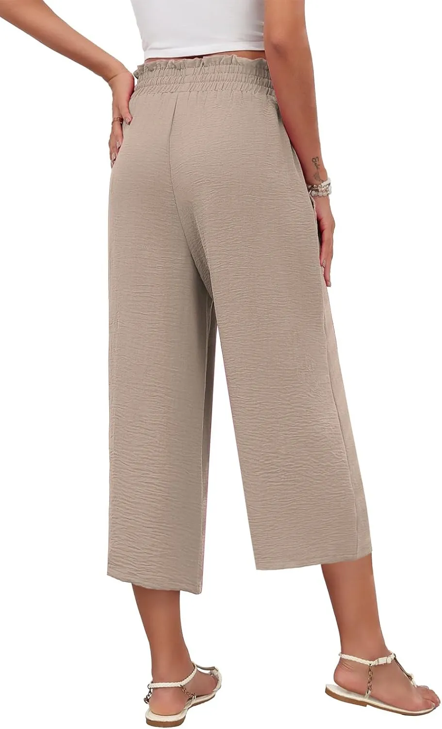 LAOLASI Womens Capri Pants Casual High Waisted Wide Leg Lounge Pants Drawstring Loose Palazzo Pants Trousers with Pockets