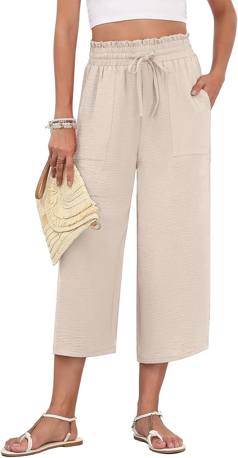 LAOLASI Womens Capri Pants Casual High Waisted Wide Leg Lounge Pants Drawstring Loose Palazzo Pants Trousers with Pockets