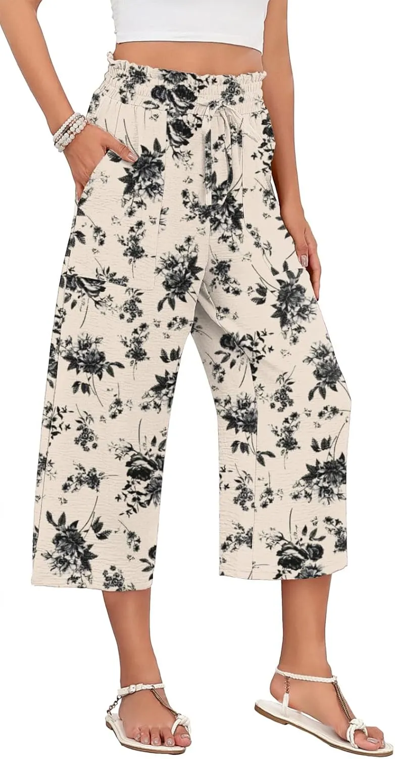 LAOLASI Womens Capri Pants Casual High Waisted Wide Leg Lounge Pants Drawstring Loose Palazzo Pants Trousers with Pockets