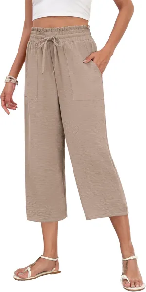 LAOLASI Womens Capri Pants Casual High Waisted Wide Leg Lounge Pants Drawstring Loose Palazzo Pants Trousers with Pockets