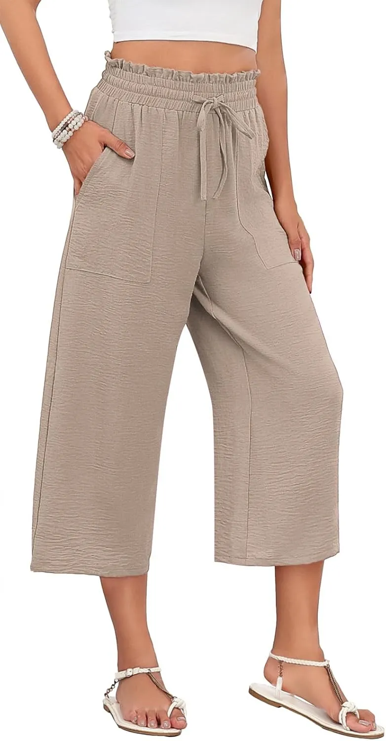 LAOLASI Womens Capri Pants Casual High Waisted Wide Leg Lounge Pants Drawstring Loose Palazzo Pants Trousers with Pockets