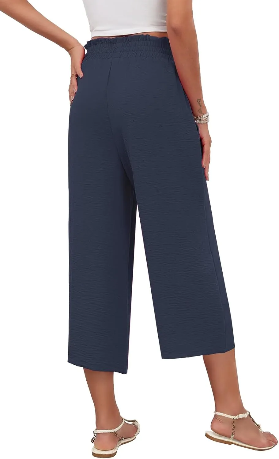 LAOLASI Womens Capri Pants Casual High Waisted Wide Leg Lounge Pants Drawstring Loose Palazzo Pants Trousers with Pockets