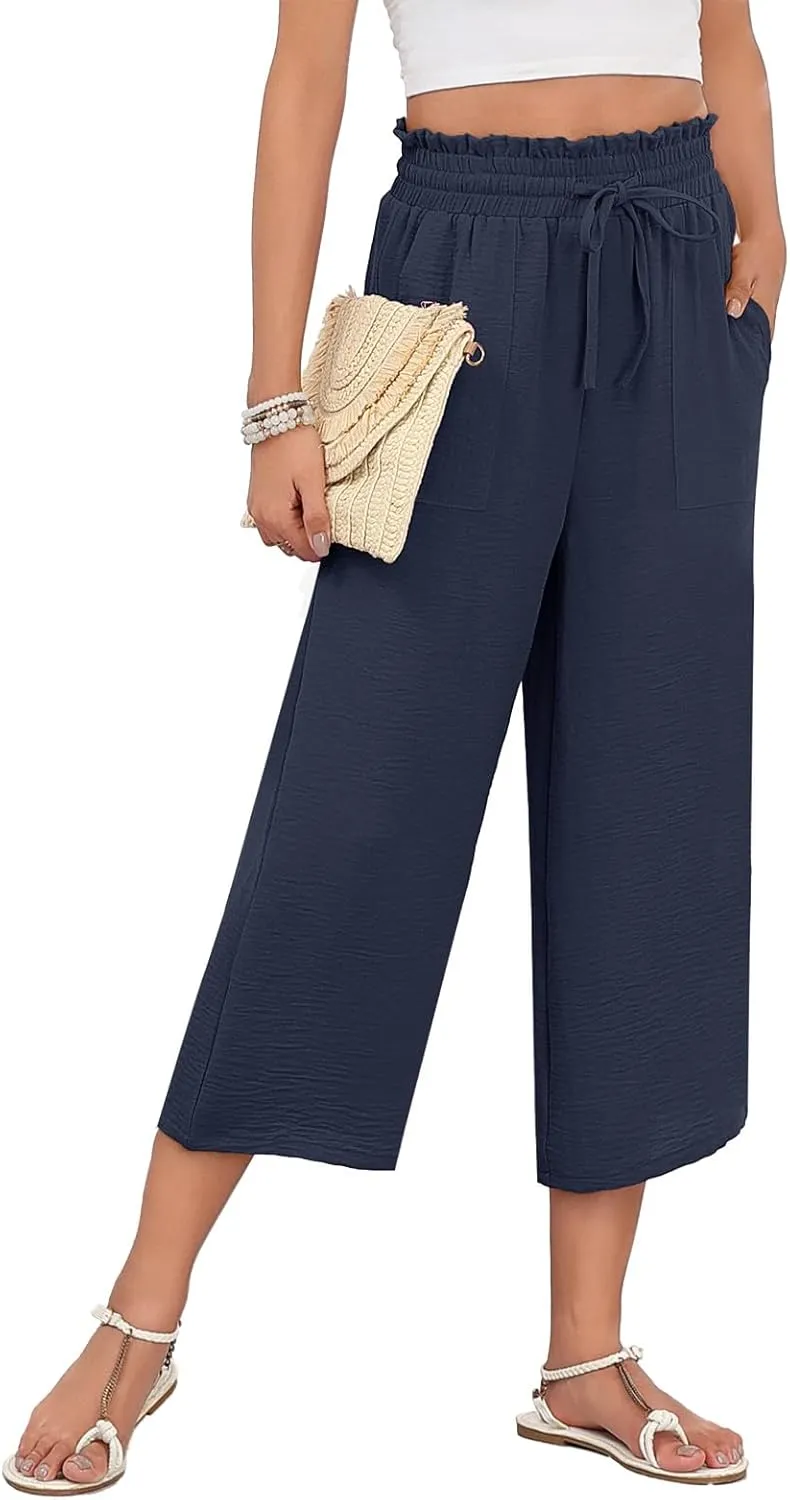 LAOLASI Womens Capri Pants Casual High Waisted Wide Leg Lounge Pants Drawstring Loose Palazzo Pants Trousers with Pockets