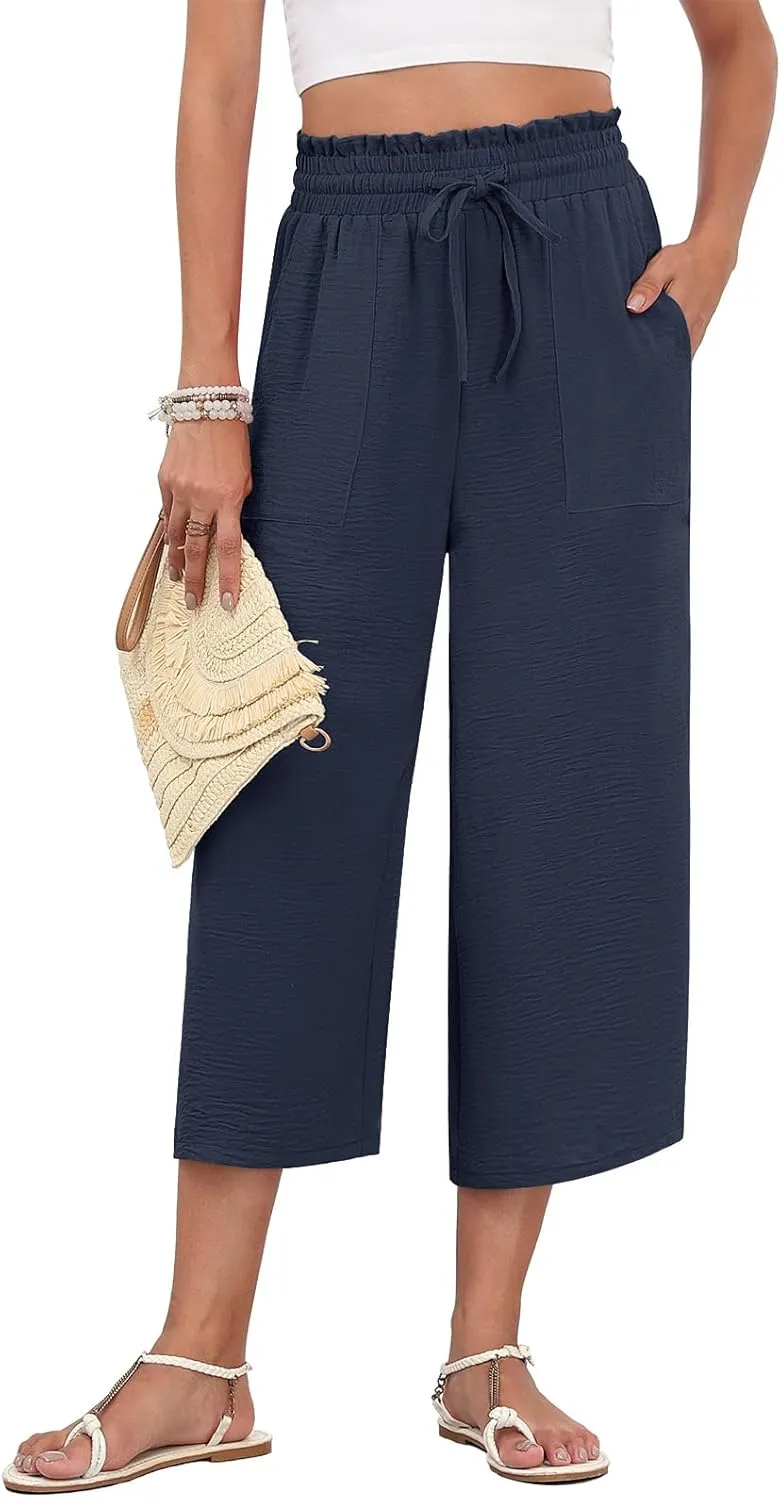 LAOLASI Womens Capri Pants Casual High Waisted Wide Leg Lounge Pants Drawstring Loose Palazzo Pants Trousers with Pockets