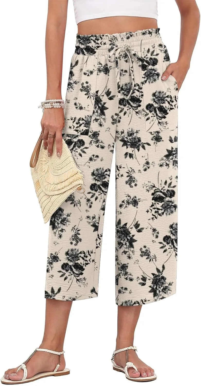 LAOLASI Womens Capri Pants Casual High Waisted Wide Leg Lounge Pants Drawstring Loose Palazzo Pants Trousers with Pockets