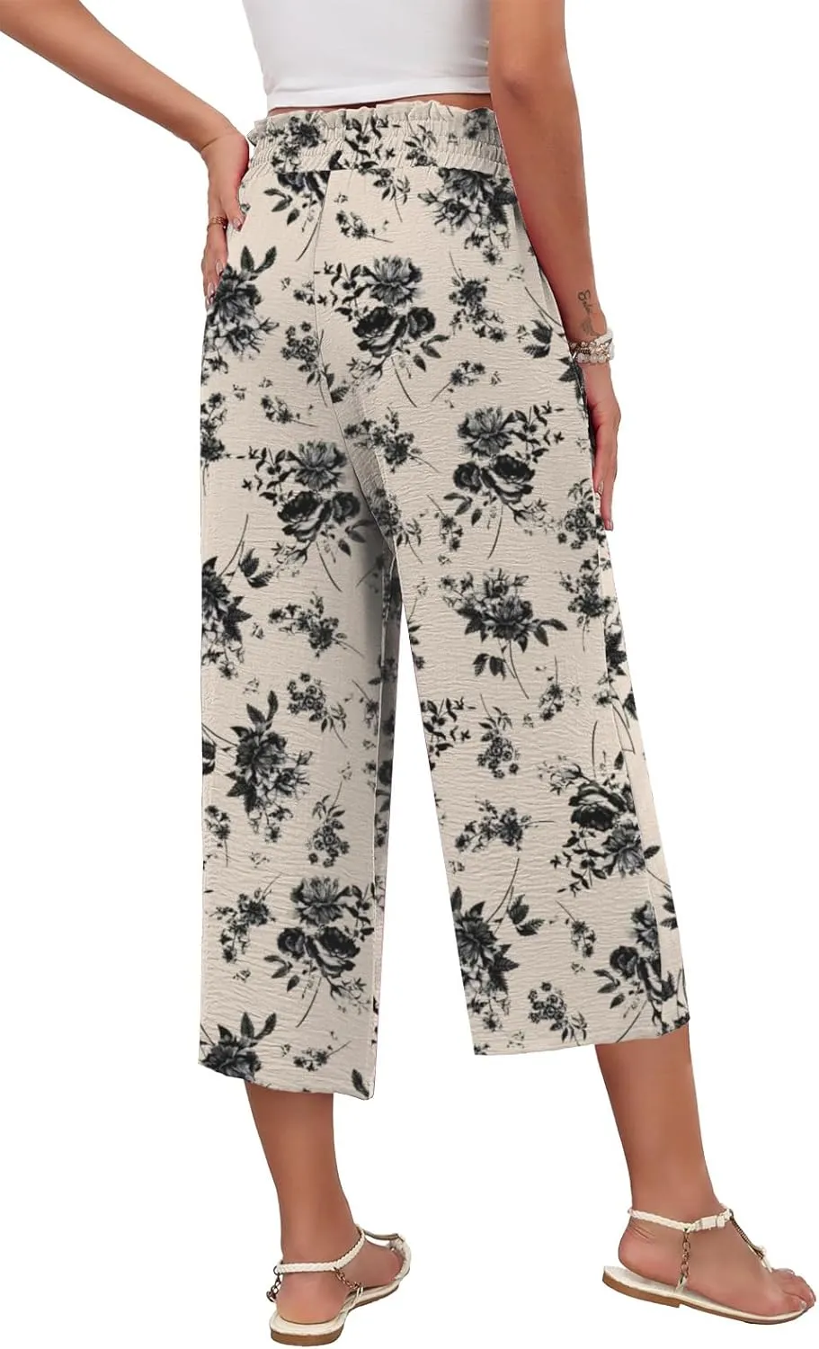 LAOLASI Womens Capri Pants Casual High Waisted Wide Leg Lounge Pants Drawstring Loose Palazzo Pants Trousers with Pockets