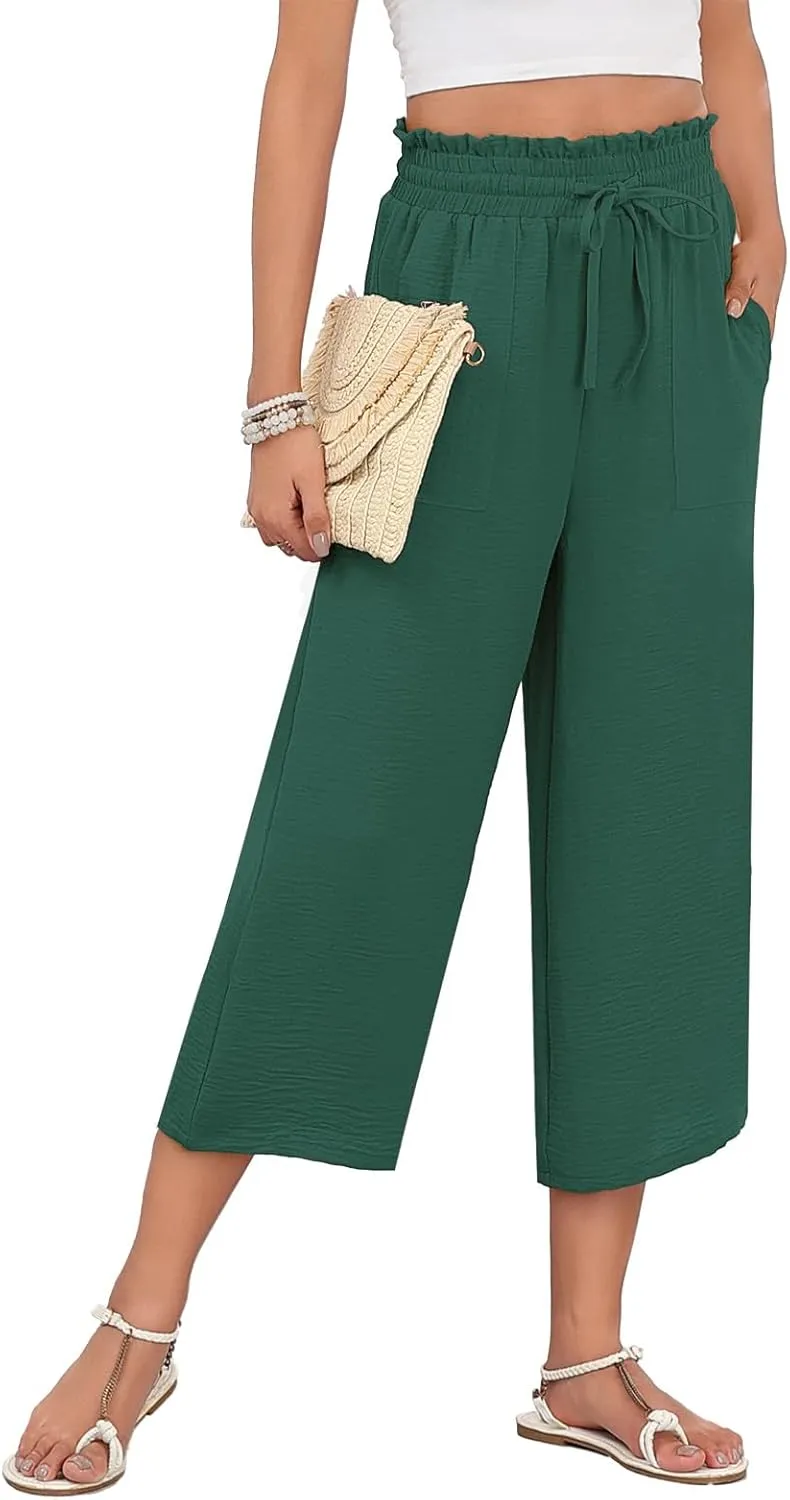 LAOLASI Womens Capri Pants Casual High Waisted Wide Leg Lounge Pants Drawstring Loose Palazzo Pants Trousers with Pockets