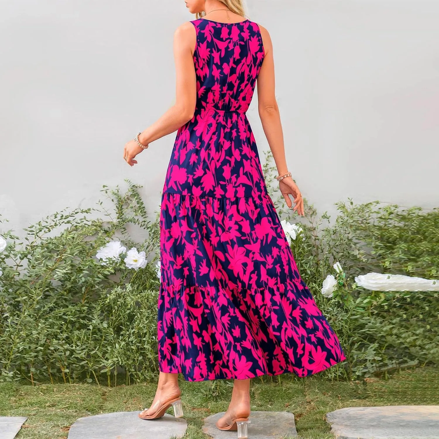 Leaf Print Ruffle Hem Belted Dress for Women V-Neck Vacation Ruffle Sleeve Party Formal Dress for Spring Summer