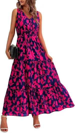 Leaf Print Ruffle Hem Belted Dress for Women V-Neck Vacation Ruffle Sleeve Party Formal Dress for Spring Summer