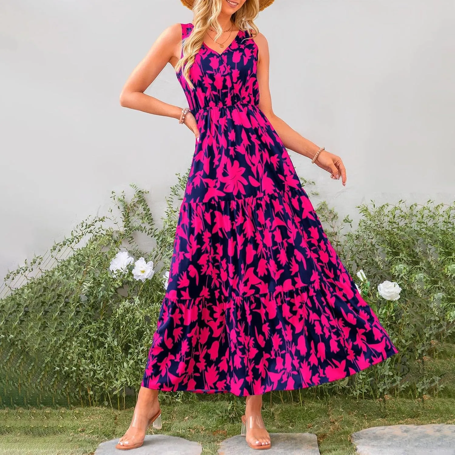 Leaf Print Ruffle Hem Belted Dress for Women V-Neck Vacation Ruffle Sleeve Party Formal Dress for Spring Summer