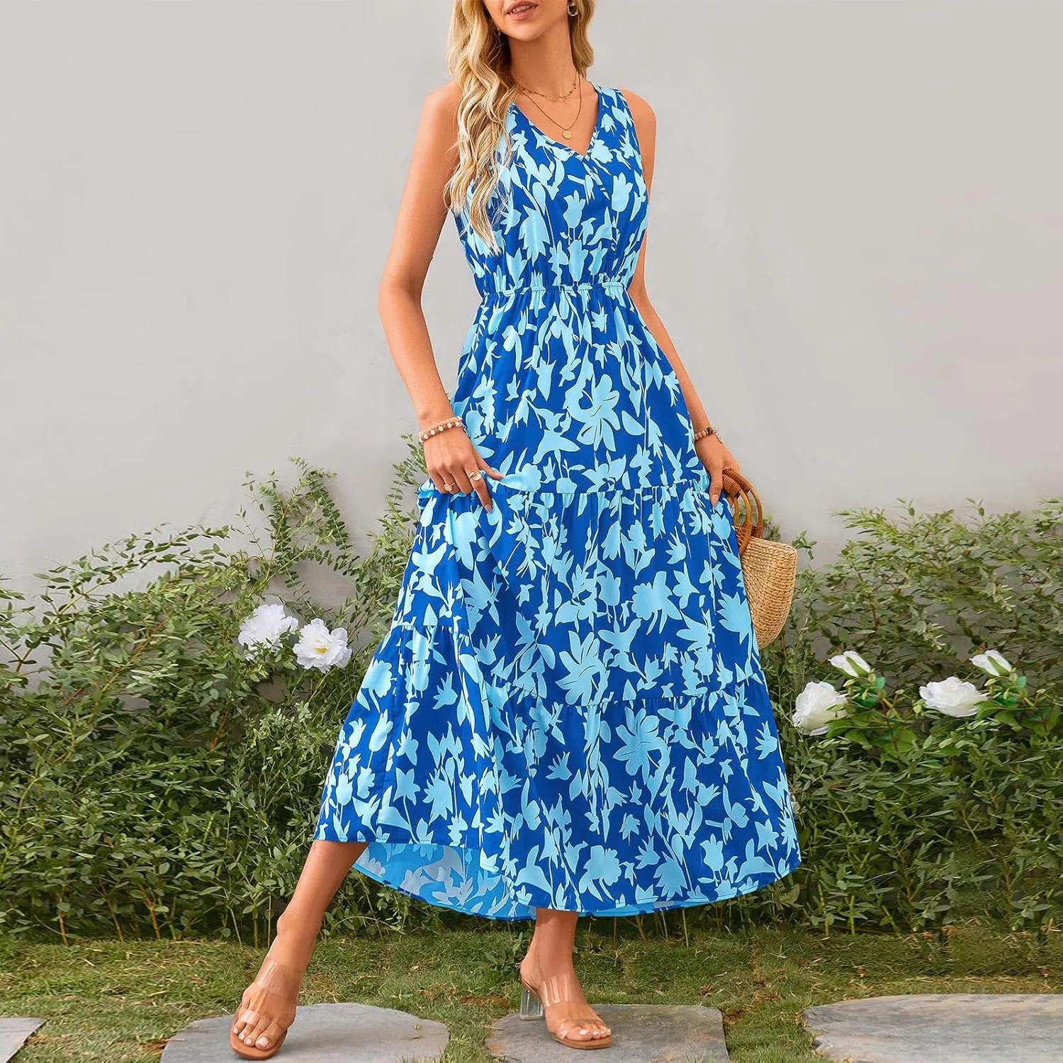 Leaf Print Ruffle Hem Belted Dress for Women V-Neck Vacation Ruffle Sleeve Party Formal Dress for Spring Summer