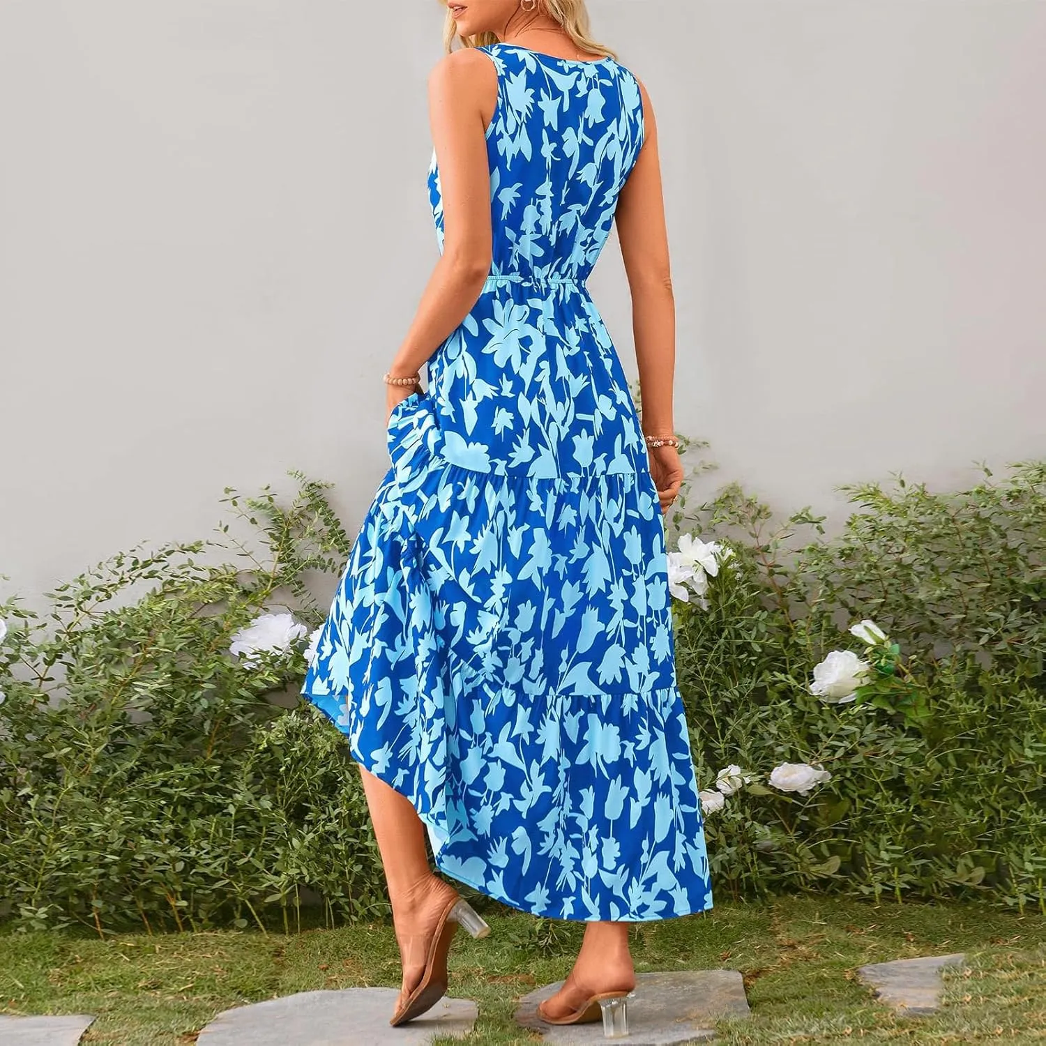 Leaf Print Ruffle Hem Belted Dress for Women V-Neck Vacation Ruffle Sleeve Party Formal Dress for Spring Summer