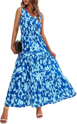 Leaf Print Ruffle Hem Belted Dress for Women V-Neck Vacation Ruffle Sleeve Party Formal Dress for Spring Summer