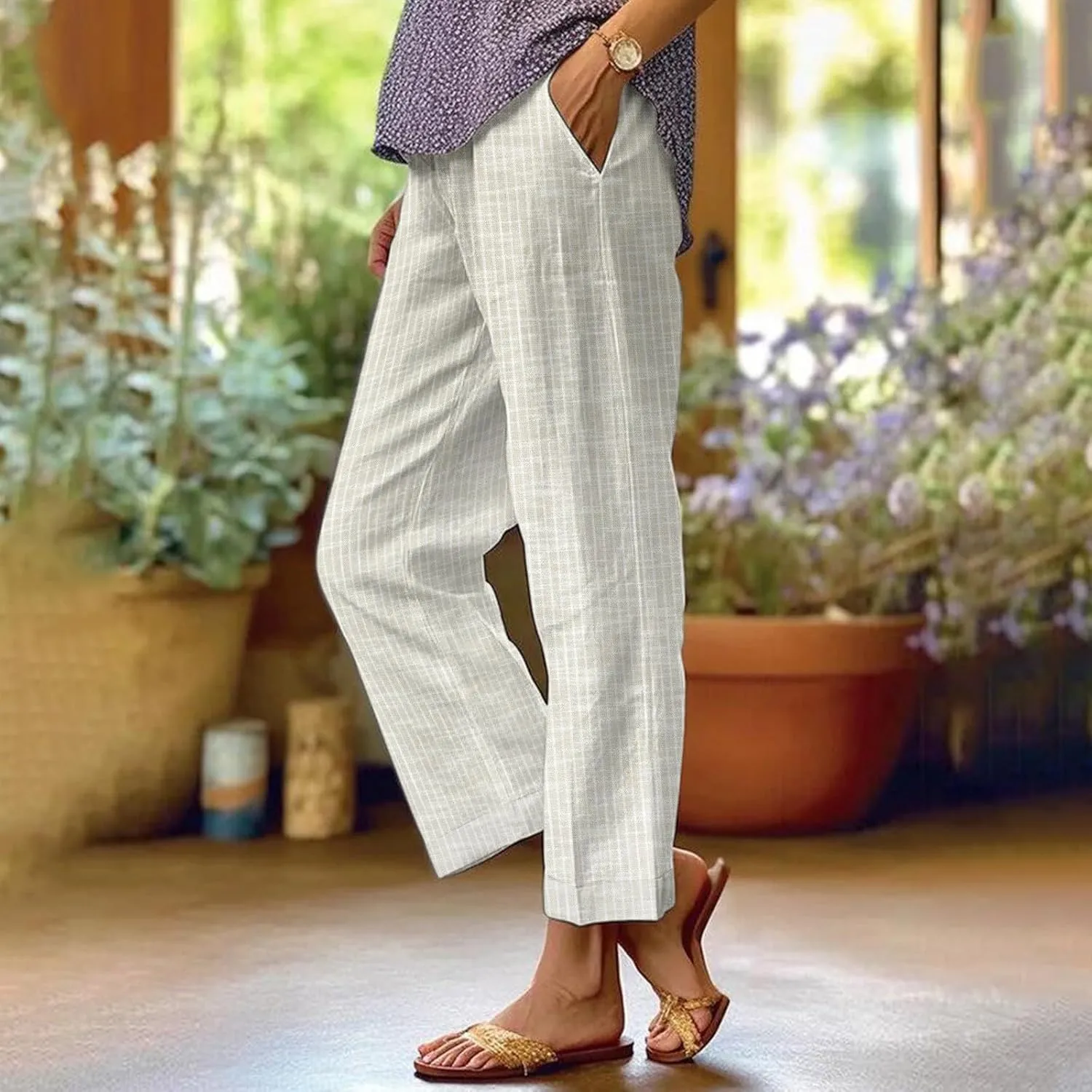 Leggings for Women Solid Elastic Pants Long Drawstring Linen Women Waist Cotton Casual Slit Trouser Legs Pants