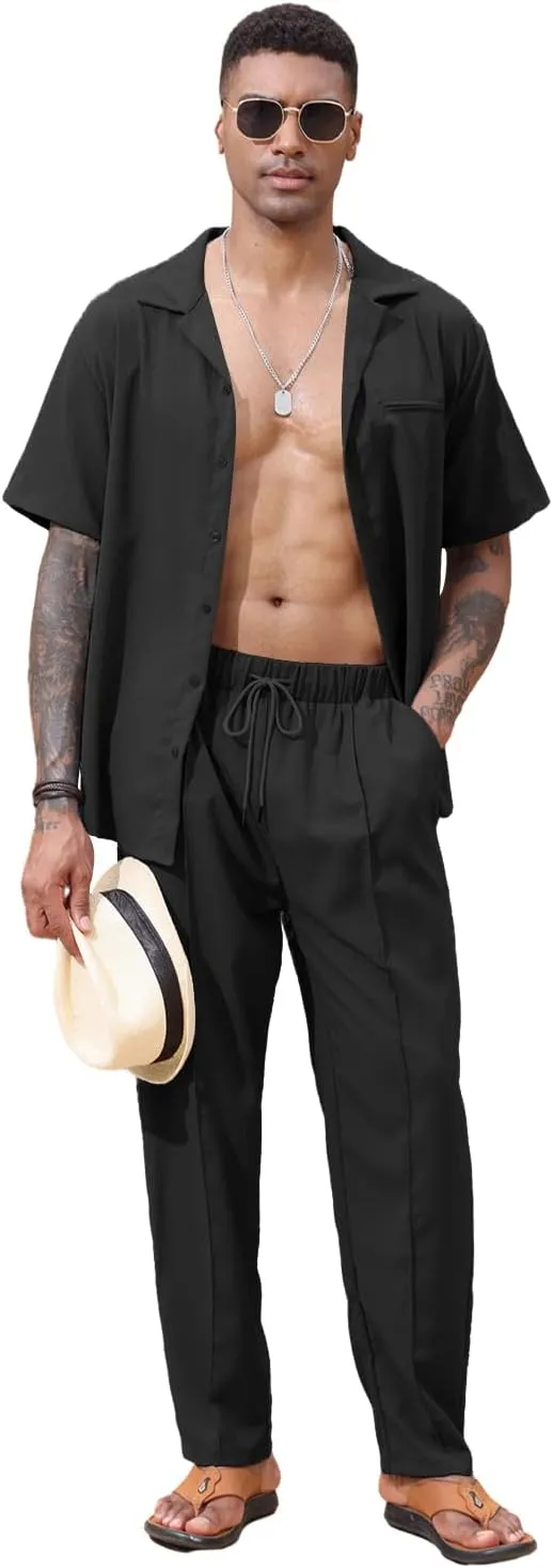 Lexiart 2 Piece Set for Men Beach Outfits Cuban Collar Button Down Shirt Darwstring Pants