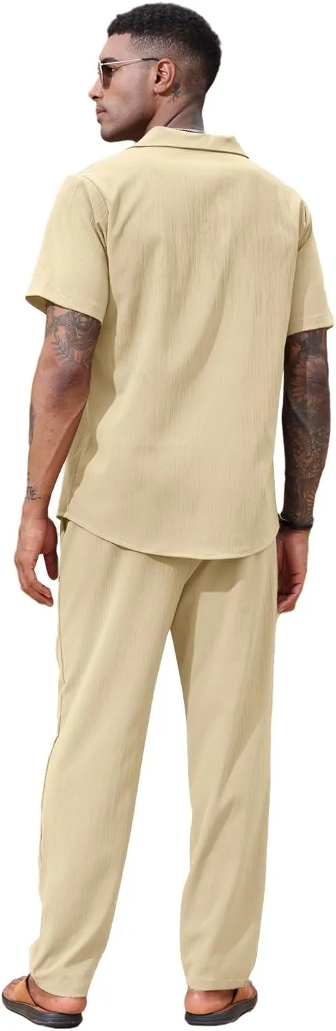 Lexiart 2 Piece Set for Men Beach Outfits Cuban Collar Button Down Shirt Darwstring Pants