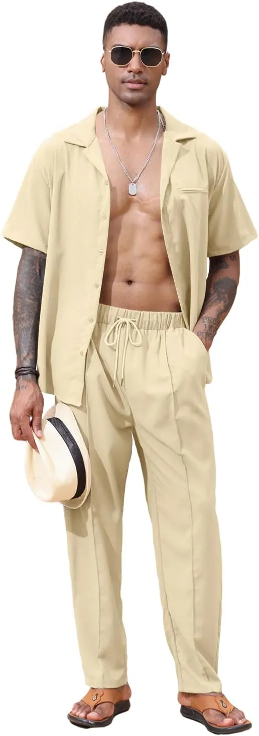 Lexiart 2 Piece Set for Men Beach Outfits Cuban Collar Button Down Shirt Darwstring Pants