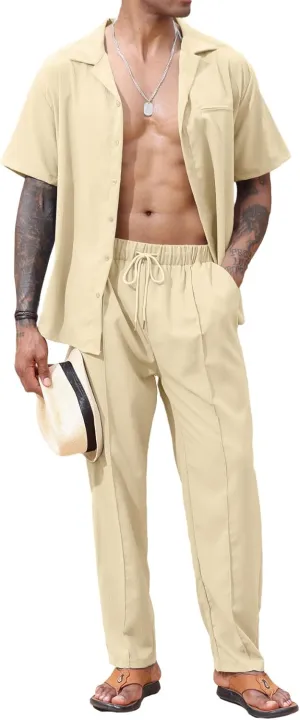 Lexiart 2 Piece Set for Men Beach Outfits Cuban Collar Button Down Shirt Darwstring Pants