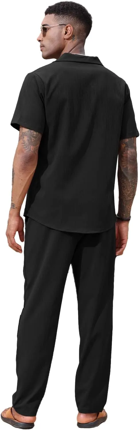 Lexiart 2 Piece Set for Men Beach Outfits Cuban Collar Button Down Shirt Darwstring Pants