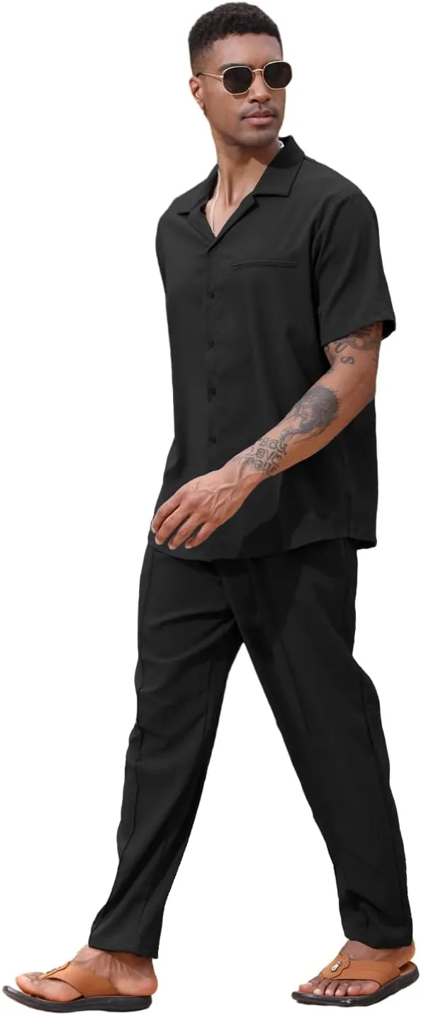 Lexiart 2 Piece Set for Men Beach Outfits Cuban Collar Button Down Shirt Darwstring Pants