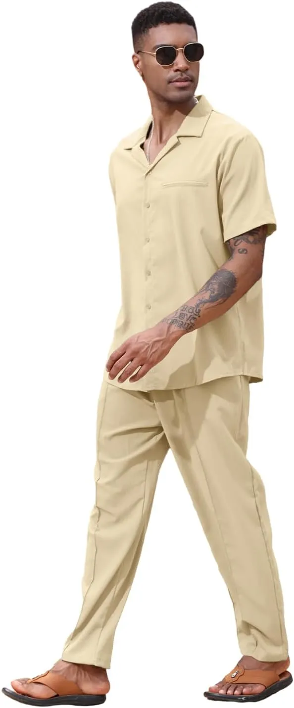 Lexiart 2 Piece Set for Men Beach Outfits Cuban Collar Button Down Shirt Darwstring Pants