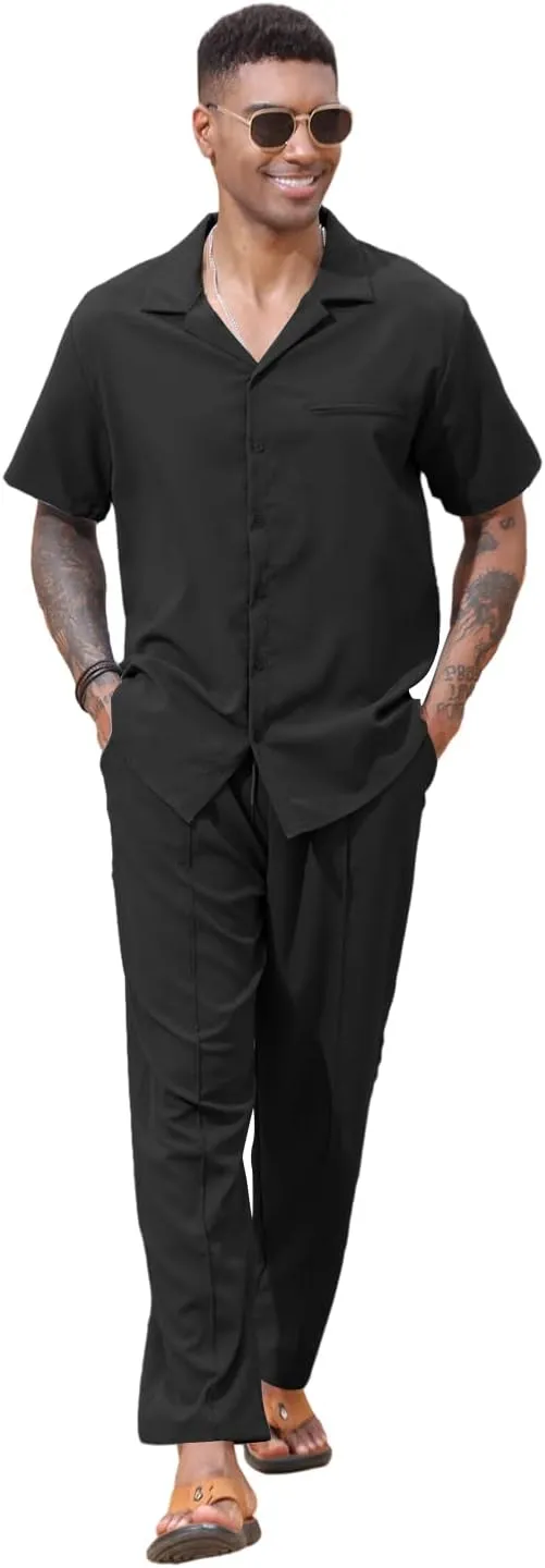 Lexiart 2 Piece Set for Men Beach Outfits Cuban Collar Button Down Shirt Darwstring Pants