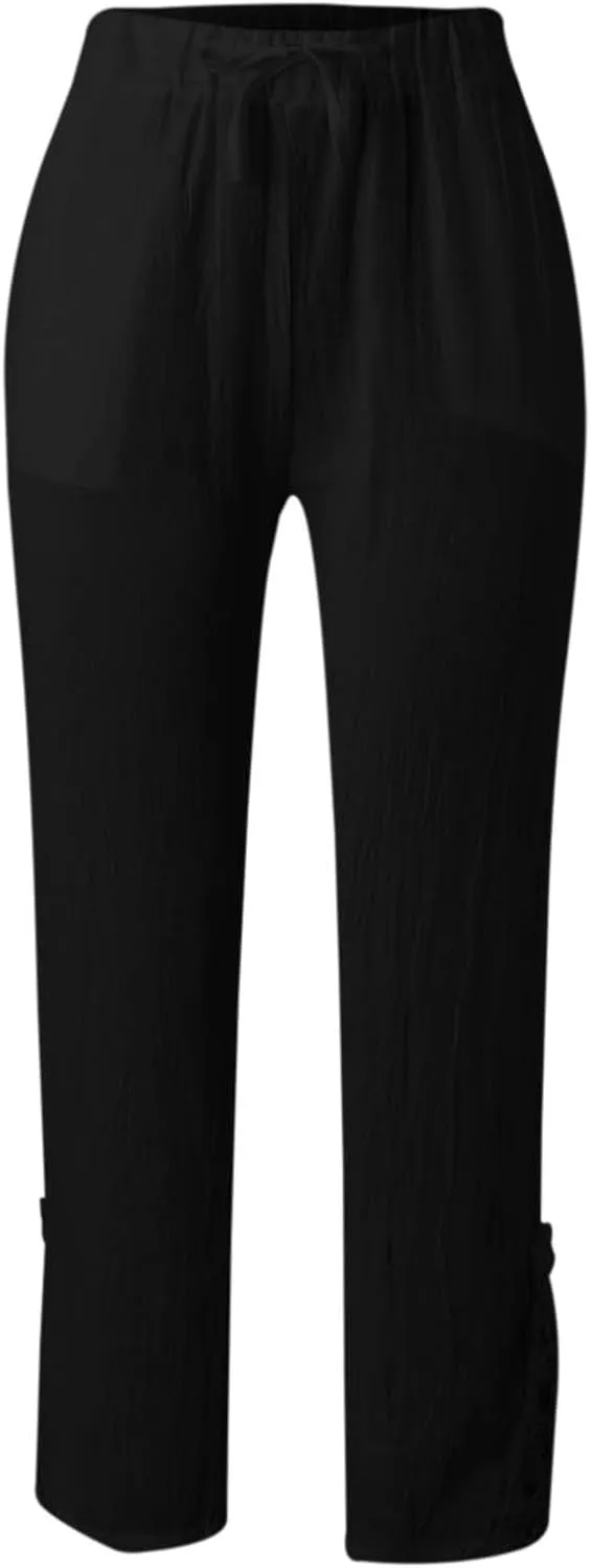 Linen Pants for Women Elastic High Waist Lace Stitching Cropped Pants Solid Color Summer Loose Capris Trousers with Pockets