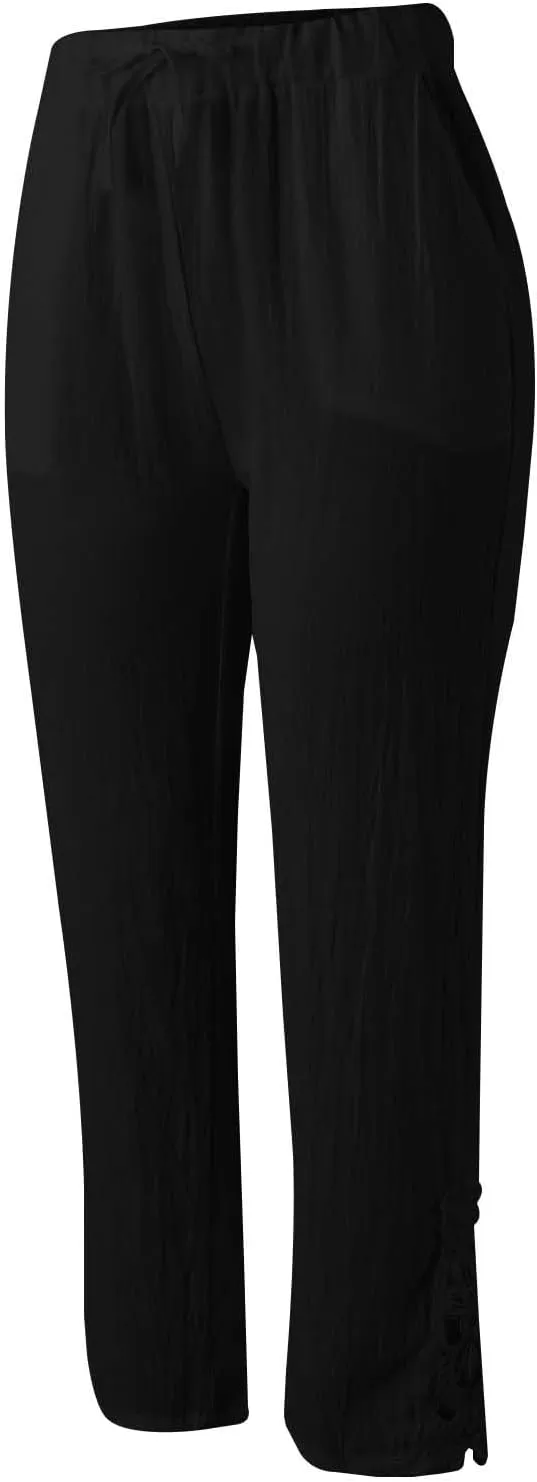 Linen Pants for Women Elastic High Waist Lace Stitching Cropped Pants Solid Color Summer Loose Capris Trousers with Pockets