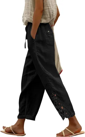 Linen Pants for Women Elastic High Waist Lace Stitching Cropped Pants Solid Color Summer Loose Capris Trousers with Pockets