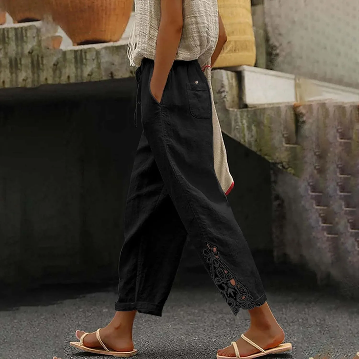 Linen Pants for Women Elastic High Waist Lace Stitching Cropped Pants Solid Color Summer Loose Capris Trousers with Pockets