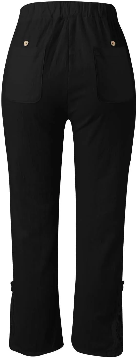 Linen Pants for Women Elastic High Waist Lace Stitching Cropped Pants Solid Color Summer Loose Capris Trousers with Pockets