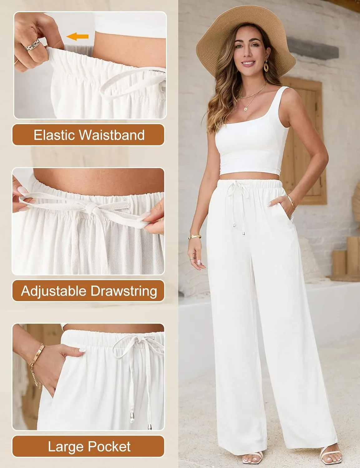 Linen Pants for Women Flowy Palazzo Pants Boho High Waist Wide Leg Trousers Summer Beach Vacation Outfits 2025